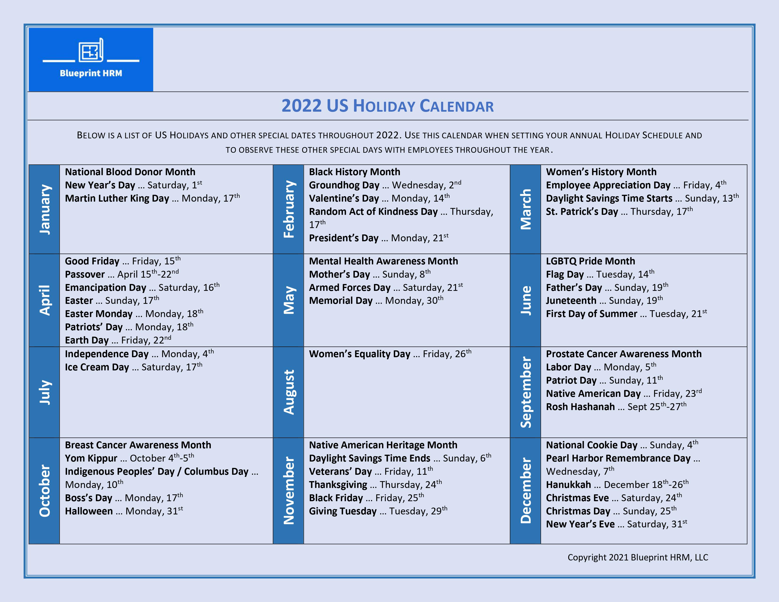 2022 Holiday Calendar - Blueprint HRM, LLC