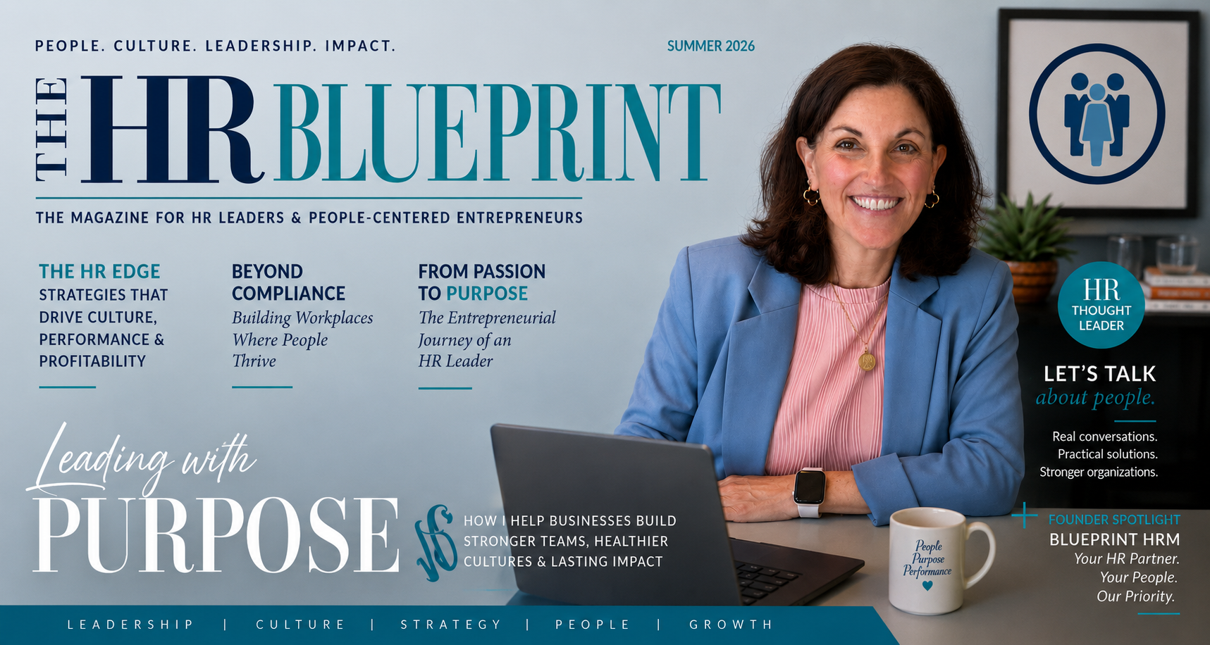 Professional featured image for The HR Blueprint magazine showing HR consultant and business owner Suzi Tropiano smiling at a desk in an office setting. The image highlights workplace culture, leadership, strategic HR, and people-focused business growth with Blueprint HRM branding and magazine-style article headlines.