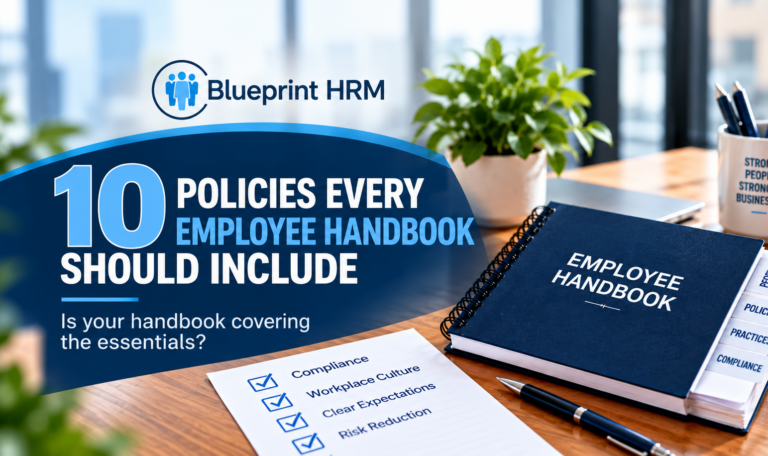 Blueprint HRM graphic highlighting 10 essential employee handbook policies and a checklist for employers.