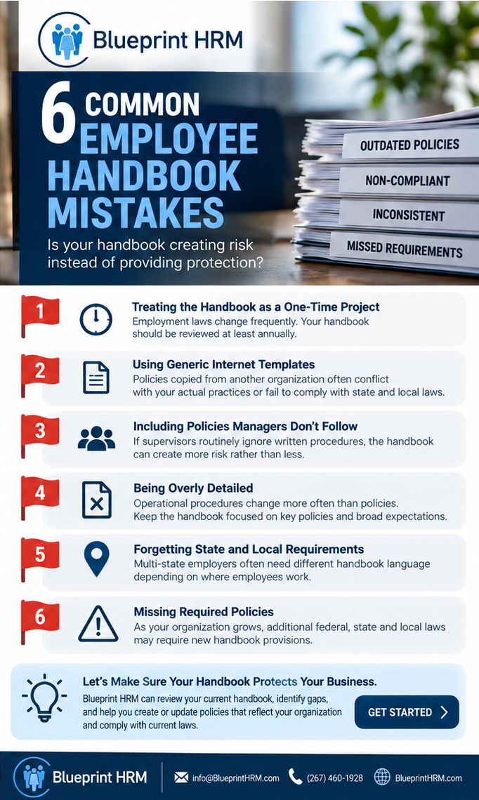 Six common employee handbook mistakes that could create compliance risks for employers.