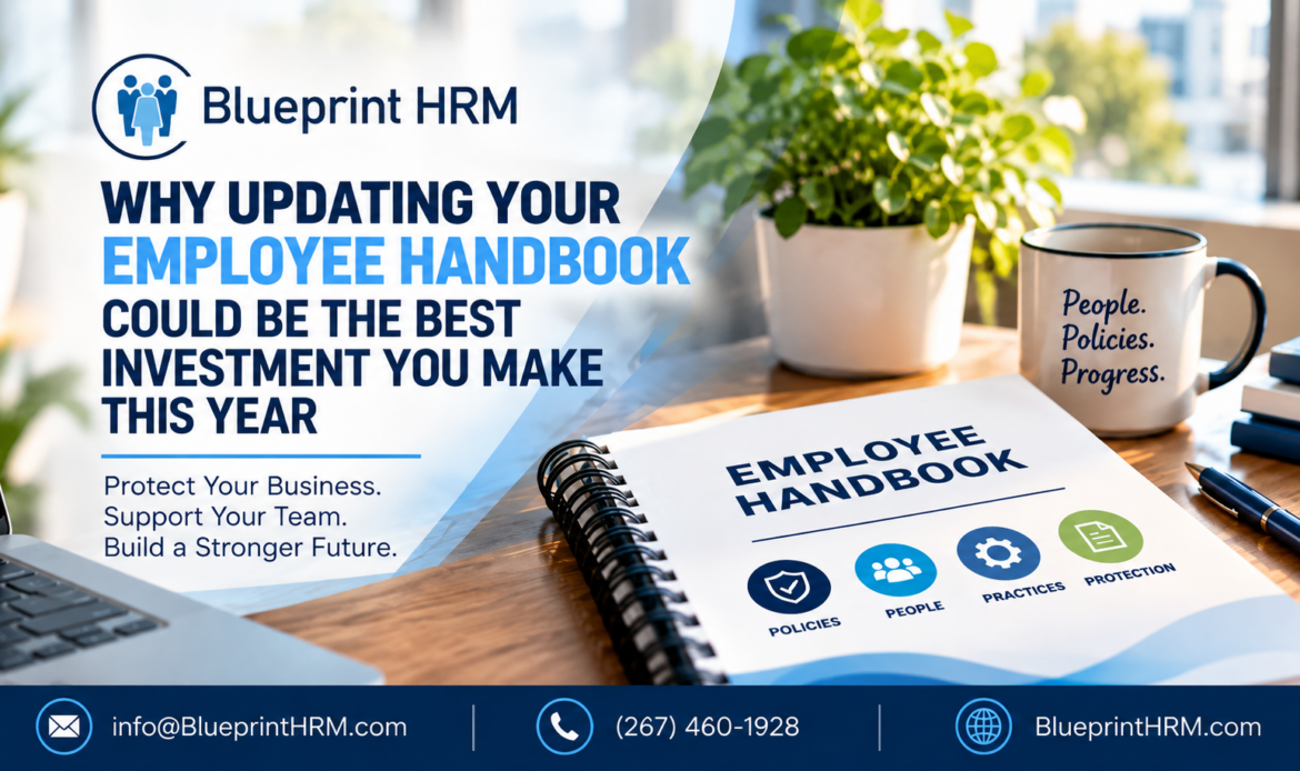 Blueprint HRM graphic about updating your employee handbook, featuring a handbook and office workspace.