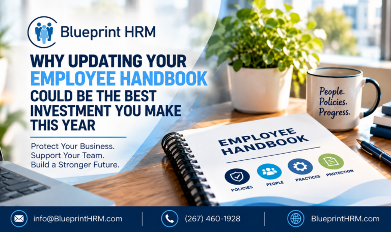 Blueprint HRM graphic about updating your employee handbook, featuring a handbook and office workspace.