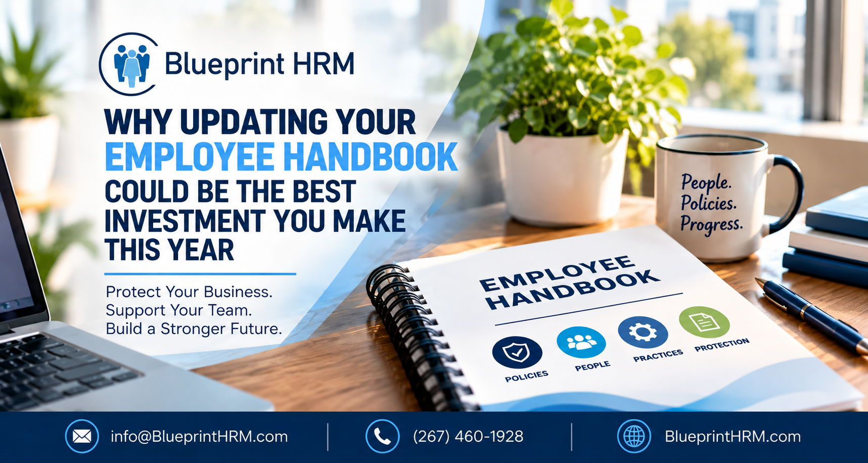 Blueprint HRM graphic about updating your employee handbook, featuring a handbook and office workspace.