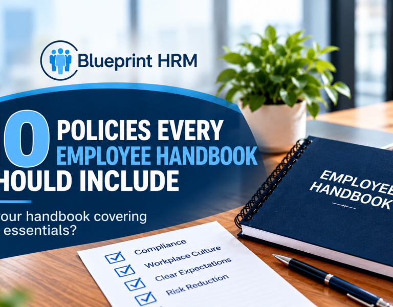 Blueprint HRM graphic highlighting 10 essential employee handbook policies and a checklist for employers.