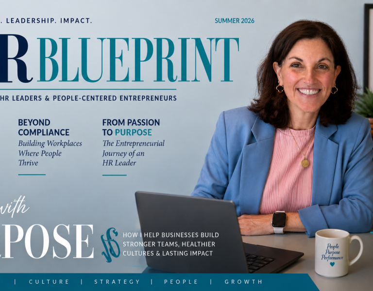 Professional featured image for The HR Blueprint magazine showing HR consultant and business owner Suzi Tropiano smiling at a desk in an office setting. The image highlights workplace culture, leadership, strategic HR, and people-focused business growth with Blueprint HRM branding and magazine-style article headlines.