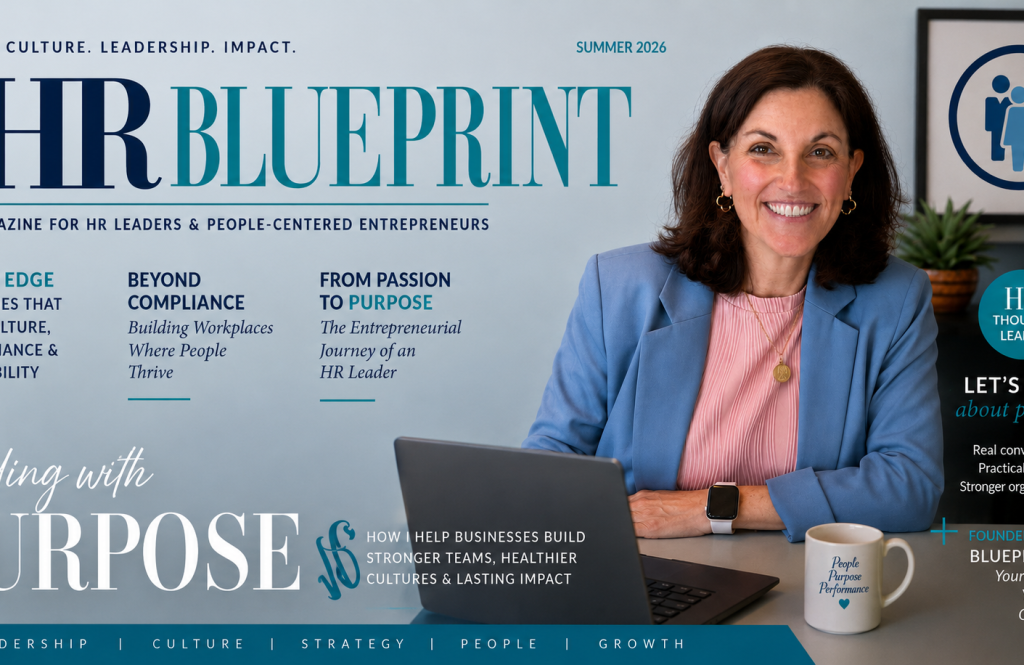Professional featured image for The HR Blueprint magazine showing HR consultant and business owner Suzi Tropiano smiling at a desk in an office setting. The image highlights workplace culture, leadership, strategic HR, and people-focused business growth with Blueprint HRM branding and magazine-style article headlines.