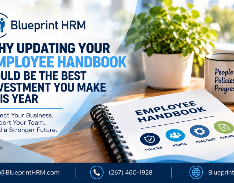 Blueprint HRM graphic about updating your employee handbook, featuring a handbook and office workspace.